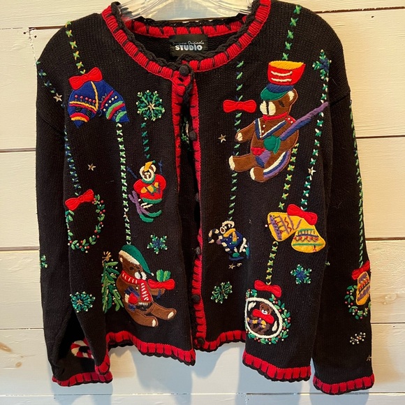 Designers Original Studio Black Cardigan with Festive Holiday embroidery size L - Picture 1 of 12